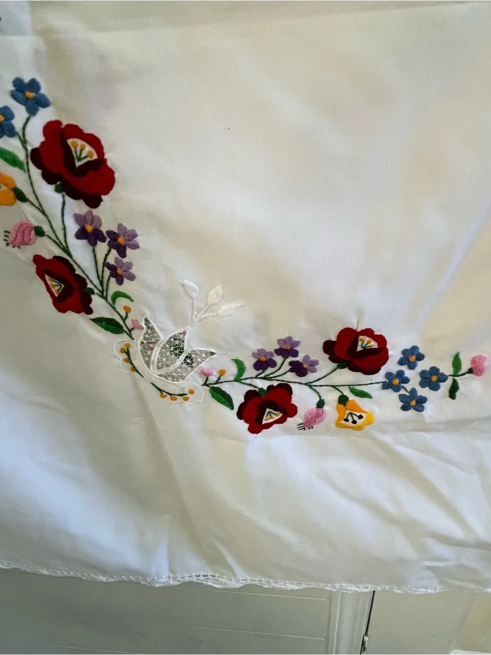 Vintage Hand Embroidered Kalocsa Floral Tablecloth Lace Trim White 88 X 44